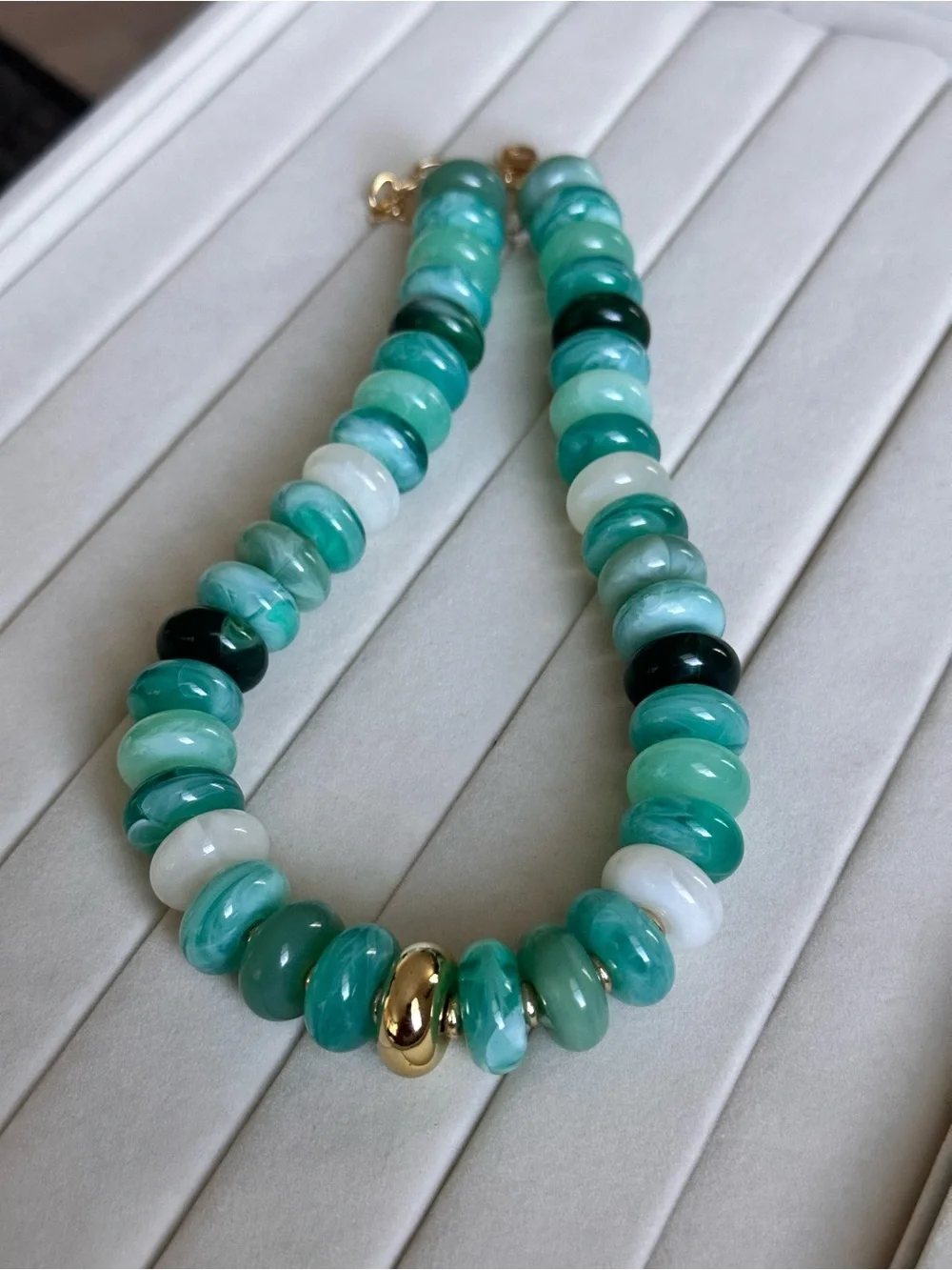 Statement Green Beaded Necklace with Gold Accents